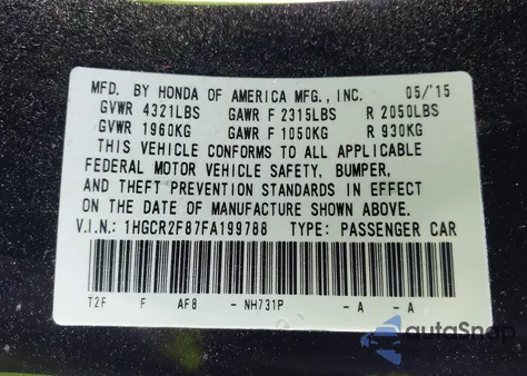 2015 Honda Accord Exl from USA, damaged, VIN 1HGCR2F87FA199788